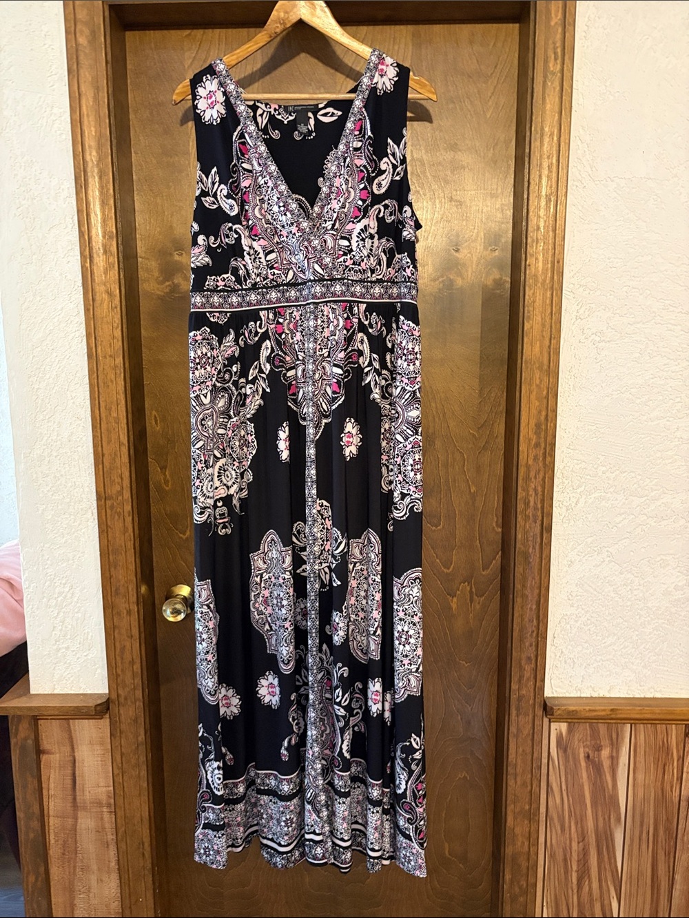 INC International Concepts Black Maxi Dress with Pink & Cream Paisley Print
